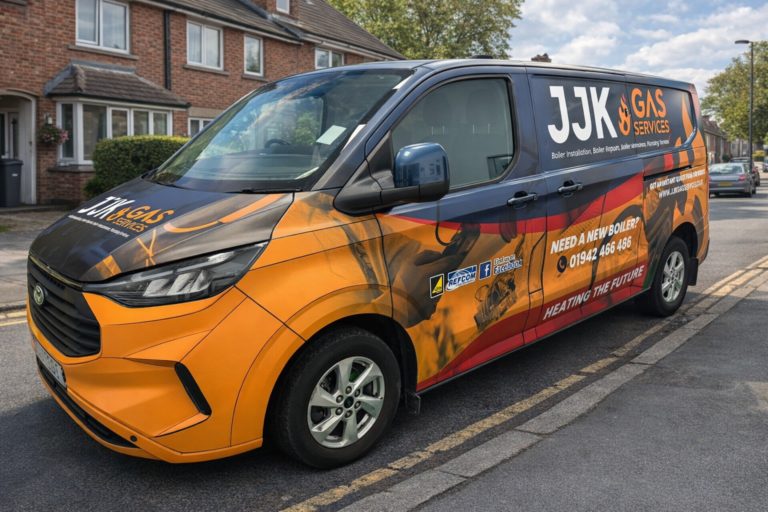 JJK Gas Services branded van parked on a residential street in Wigan